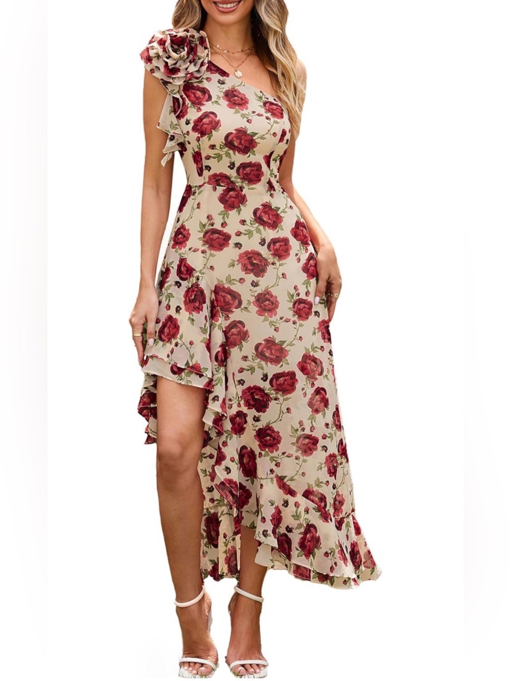 NWT Grace Karin Floral One-Shoulder Ruffle Maxi Dress in Cream with Red Roses 18